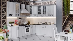 Угловая кухня длиной - 280х210 см (со шкафом НБ) (Белый глянец/Санторини светлый)